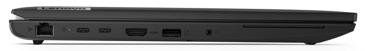 Côté gauche : Gigabit Ethernet, USB 3.2 Gen 2 (USB-C ; Power Delivery, Displayport), HDMI, USB 3.2 Gen 1 (USB-A), audio combo, lecteur SmartCard