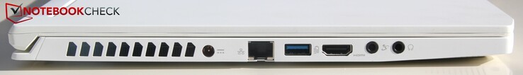Côté gauche : entrée secteur, LAN, USB A 3.0, HDMI, micro, écouteurs.