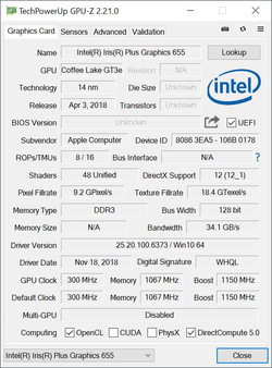 MacBook Pro 13 (2019) - GPU-Z Iris Plus Graphics 655.