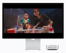 L'image montre le nouveau Mac mini M6 à côté d'un écran Studio. Un film est en cours de lecture. 