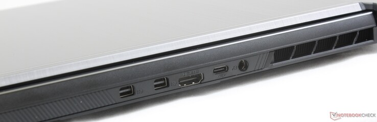 A l'arrière : 2 mini DisplayPort 1.4, HDMI 2.0, USB C 3.1 Gen1, entrée secteur.