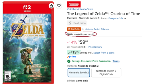 Fiche produit Amazon de Zelda: Ocarina of Time et ventes affichées