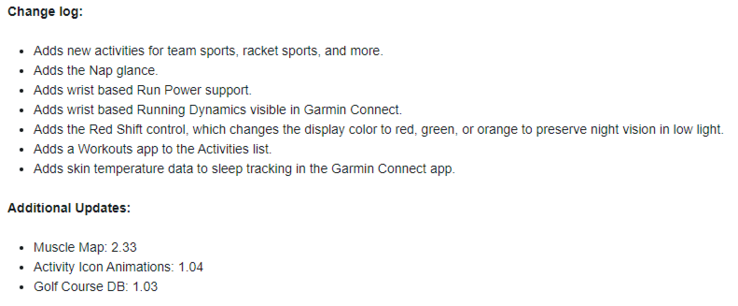 Le journal des modifications pour Garmin Public Beta 8.23. (Image source : Garmin)