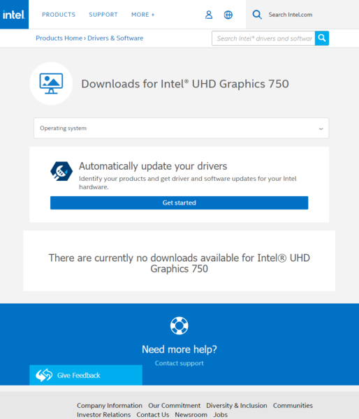 Pas de dé pour les pilotes de UHD Graphics 750, actuellement. (Source de l'image : Intel)