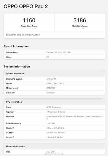 La tablette Android de deuxième génération d'OPPO semble visiter Geekbench avant son lancement. (Source : Geekbench via WHYLAB)