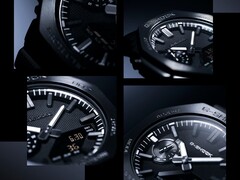 Collage d'images en gros plan mettant en valeur la texture du cadran, les index et la lunette de la Casio G-Shock GM-2100LXB.