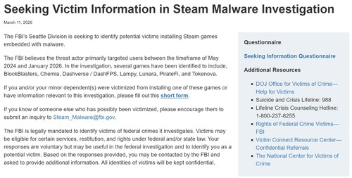 Avis du FBI sur l'enquête relative au logiciel malveillant Steam