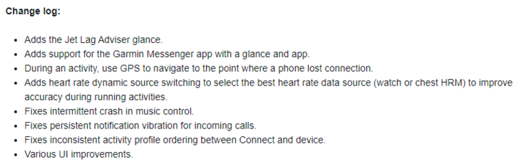 Le journal des modifications de la version 19.09 de la bêta publique (Image source : Garmin)