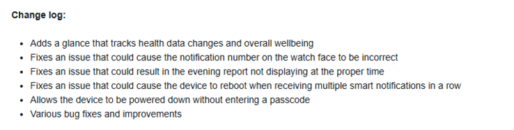 Le journal des modifications de la version bêta 15.10 du Garmin vivoactive 6 (Source : Garmin)