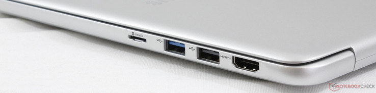 Côté droit : lecteur de carte micro SD, USB 3.0, USB 2.0, HDMI.