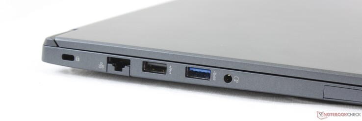 Côté gauche : verrou de sécurité Kensington, Ethernet gigabit, USB A 2.0, USB A 3.0, écouteurs 3,5 mm.