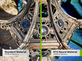 La comparaison des matériaux standard et neuronaux montre que Nvidia peut réduire considérablement les besoins en VRAM pour les jeux. (Source de l'image : Nvidia, édité)