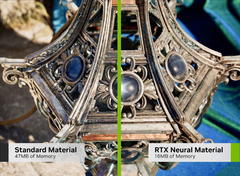 La comparaison des matériaux standard et neuronaux montre que Nvidia peut réduire considérablement les besoins en VRAM pour les jeux. (Source de l'image : Nvidia, édité)