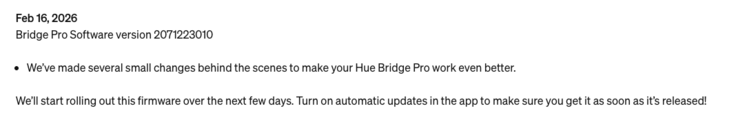 Les notes de mise à jour de la version logicielle Philips Hue Bridge Pro 2071223010