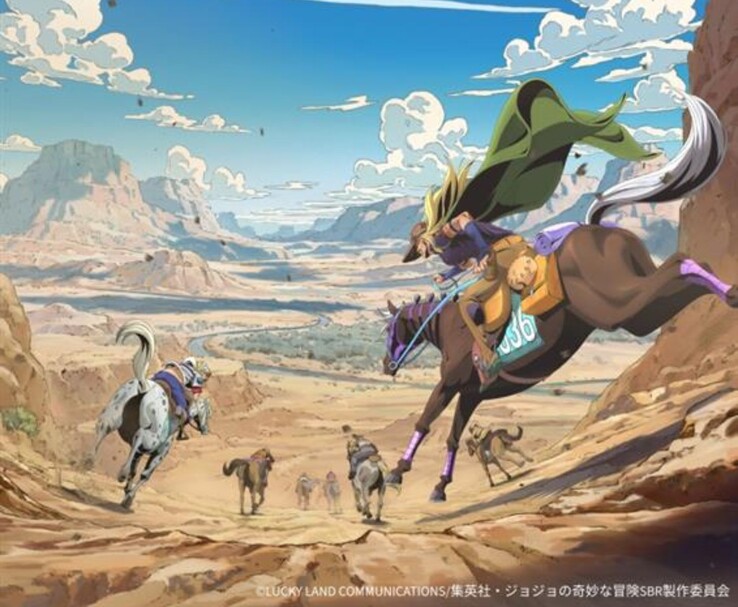 Image clé officielle de l'anime Steel Ball Run de Netflix mettant en scène Gyro Zeppeli et Johnny Joestar dans une course à travers le désert américain. (Source de l'image : Lucky Land Communications / Shueisha / Warner Bros. Japan / Netflix Anime
