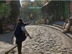 Le protagoniste de Fable donne un coup de pied à un poulet (Image source : Xbox on YouTube, screenshot)