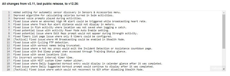 Changelog de la version 12.26 du logiciel public de Garmin, disponible pour la smartwatch Instinct 2X. (Source de l'image : Garmin)