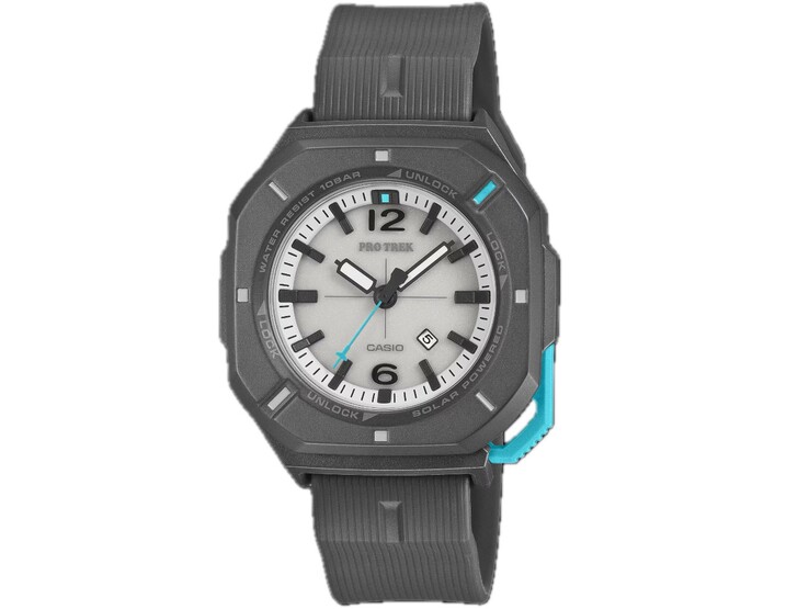 Montre analogique Casio Pro Trek PRJ-01AE-8 avec un boîtier gris, un cadran blanc, des touches de turquoise et un bracelet noir