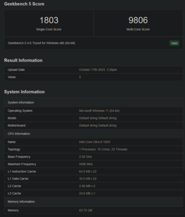 Liste Geekbench du Core Ultra 9 185H (image via Geekbench)