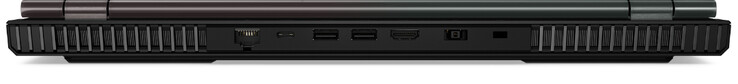 A l'arrière : Ethernet gigabit, USB C 3.2 Gen 1 (DisplayPort), 2 USB A 3.2 Gen 1, HDMI, entrée secteur, verrou de sécurité.