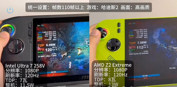 Consommation électrique de MSI Claw Z2 Extreme vs Ultra 7 258V (Image source : Bilibili via VideoCardz)