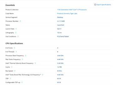 Fiche technique du Intel Core i3-11100B (image via Intel)