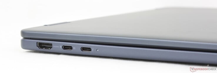 À gauche : HDMI 2.1, USB-C 3.2 Gen. 2 avec DisplayPort 1.4 + Power Delivery, USB-C Thunderbolt 4 avec DisplayPort 2.1 + Power Delivery