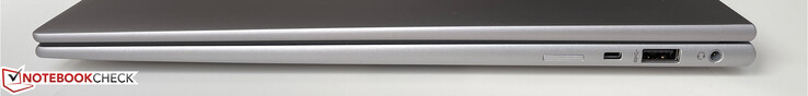 A droite : Fente Nano SIM (en option sur les modèles WWAN), fente de sécurité Kensington Nano, USB-A 3.2 gen 1 (5 Gb/s, alimenté), stéréo 3,5 mm