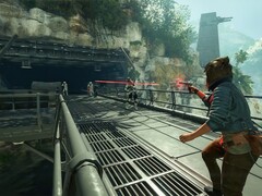 Kay Vess, le protagoniste de Star Wars Outlaws, tirant sur des Strom Troopers. (Source de l&#039;image : Nintendo)