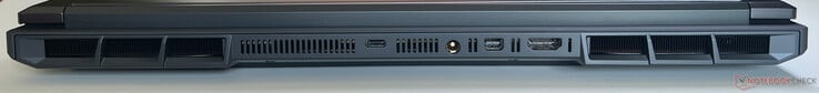 Arrière : USB-C 4.0 avec Thunderbolt 4 (40 GBit/s, DisplayPort 2.1, Power Delivery 140 watts), alimentation, Mini DisplayPort 2.1, HDMI 2.1