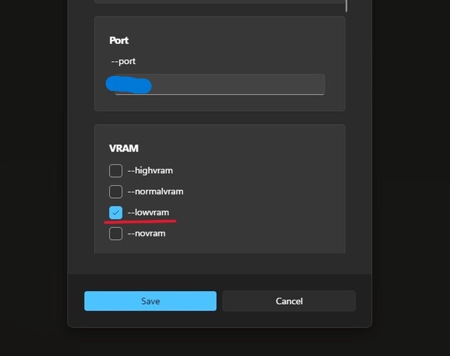 Capture d'écran du menu des réglages dans la tuile ComfyUI sur la matrice de stabilité, avec le vram faible en surbrillance. (Source de l'image : Windows Screen Capture)