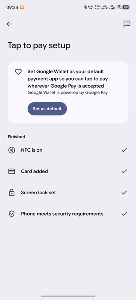 Tout semble toujours fonctionner correctement dans les paramètres de Google Wallet.