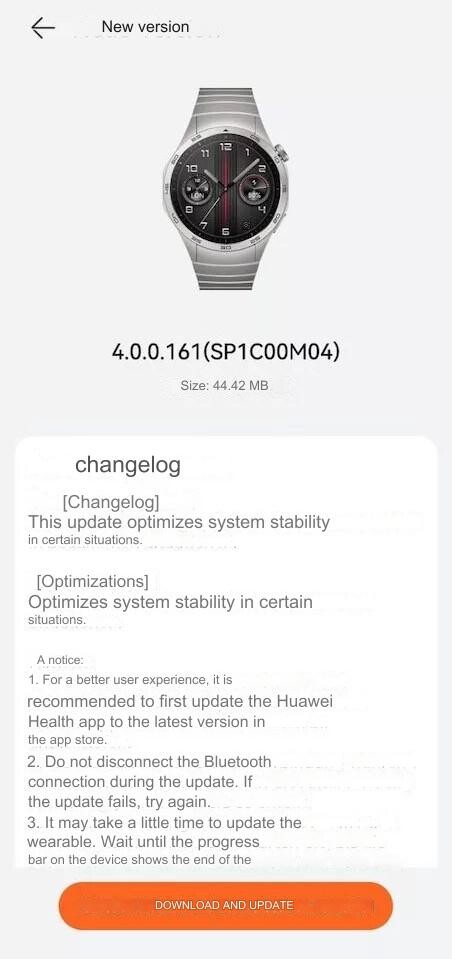 Le changelog de la mise à jour 4.0.0.161 pour la Huawei Watch GT 4 (Image source : Huawei.blog/Google Translate)