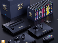 Un rendu de la Neo Geo Aes+ avec ses manettes de jeu et une collection de jeux vidéo