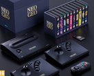 Un rendu de la Neo Geo Aes+ avec ses manettes de jeu et une collection de jeux vidéo