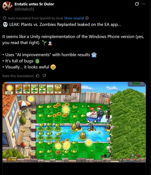Capture d'écran de la version leakée de Plants vs. Zombies Replanted (Source d'image : capture d'écran, compte Erstatic antes Sr Dolor X)