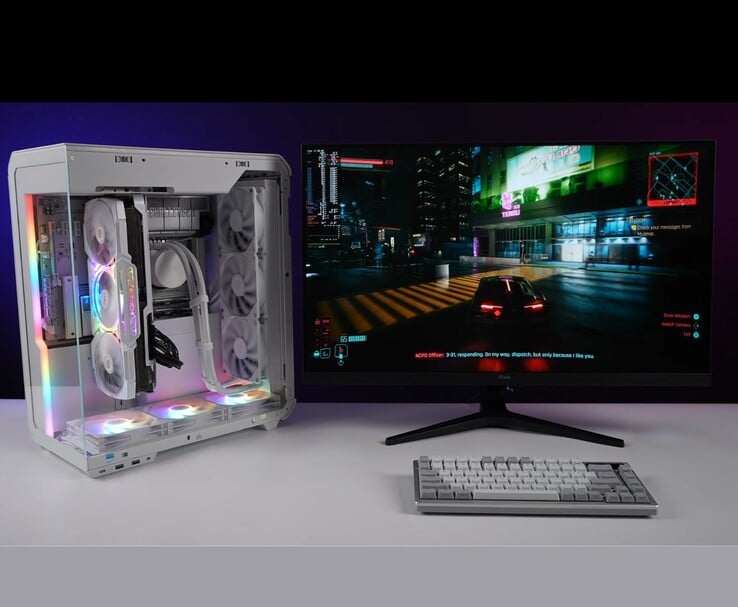 PC de jeu de bureau tout AMD exécutant Cyberpunk 2077 sur un moniteur 4K. (Source de l'image : ETA Prime via YouTube)