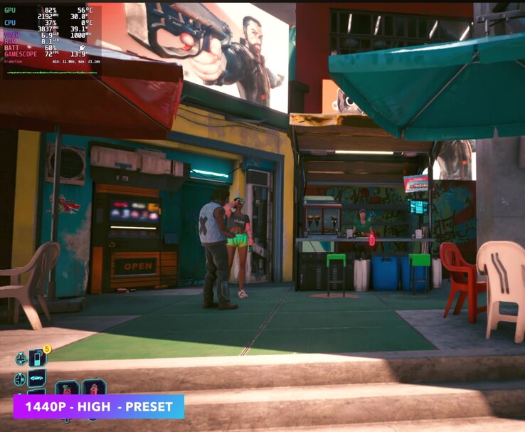 Cyberpunk 2077 fonctionnant sous SteamOS en 1440p avec le préréglage « High »