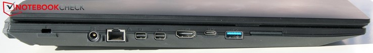 Côté gauche : Kensington, entrée secteur, 2 mini DisplayPort, HDMI, USB C (3.1), USB A (3.1).