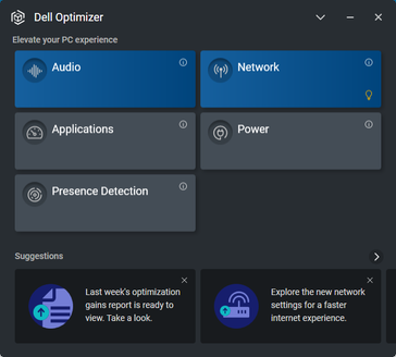 Écran d'accueil Dell Optimizer. Notez que la détection de présence n'est pas disponible sur le site Latitude 7330 malgré l'icône