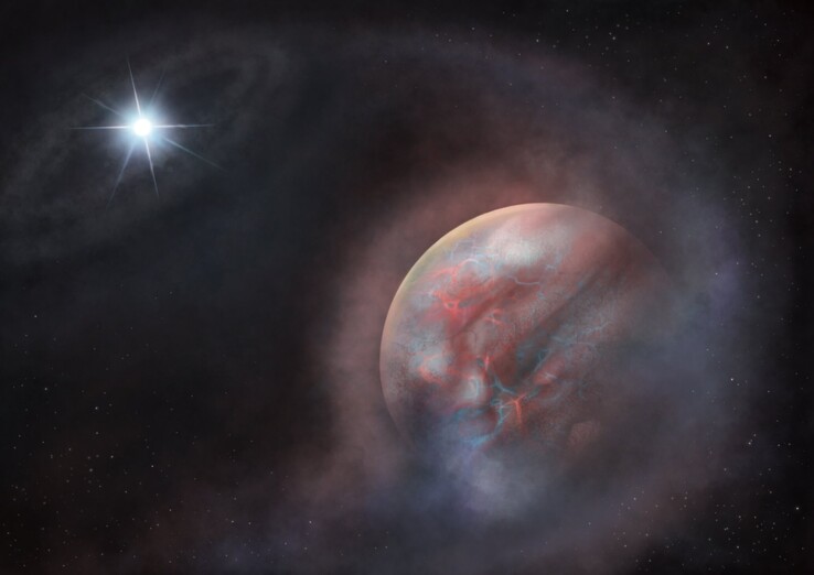 Une vue d’artiste montrant l’exoplanète candidate en orbite autour de la naine blanche HS 0209+0832.