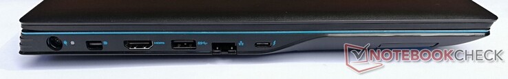 Côté gauche : entrée secteur, mini DisplayPort, HDMI, 1 USB A 3.2 Gen 1, GigabitLAN, 1 Thunderbolt 3.
