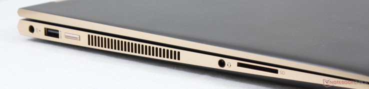 Côté gauche : entrée secteur, USB A 3.1, bouton de démarrage, combo audio 3,5 mm, lecteur de carte SD.