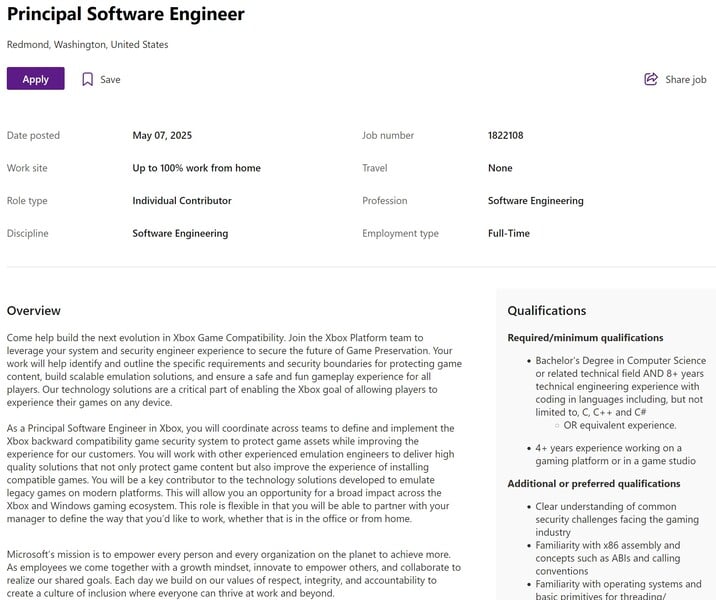 Offre d'emploi de Microsoft pour un ingénieur logiciel principal (Source de l'image : capture d'écran, Microsoft Careers)