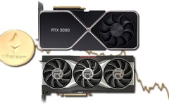 Les prix de détail des GPU RTX 30 et RX 6000 ont baissé en fonction de la valeur marchande d&#039;Ethereum. (Image source : Nvidia/AMD/Unsplash/Coinbase - édité)