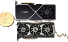 Les prix de détail des GPU RTX 30 et RX 6000 ont baissé en fonction de la valeur marchande d'Ethereum. (Image source : Nvidia/AMD/Unsplash/Coinbase - édité)