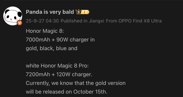 Informations sur le Magic 8 (Image source : Weibo - machine translated)