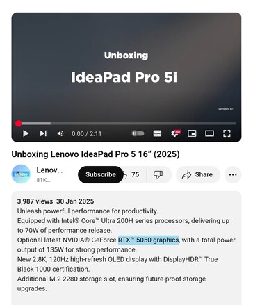 L'IdeaPad Pro 5 16 de Lenovo sera lancé avec un GPU Nvidia RTX 5050. (Source de l'image : Lenovo PC sur YouTube)