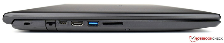 Côté gauche : verrou de sécurité Kensington, port Ethernet, USB C 3.1, HDMI, USB 3.0, lecteur de carte SD.