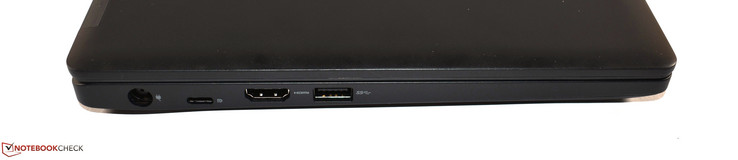 Côté gauche : entrée secteur, USB C 3.1 Gen 1, HDMI, USB A 3.0.